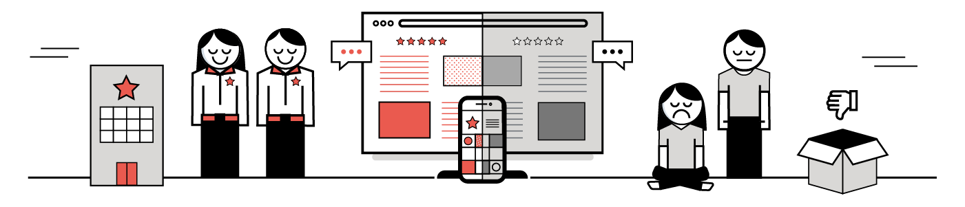 illustration of happy workers with a five star rating compared to unhappy workers with only one star